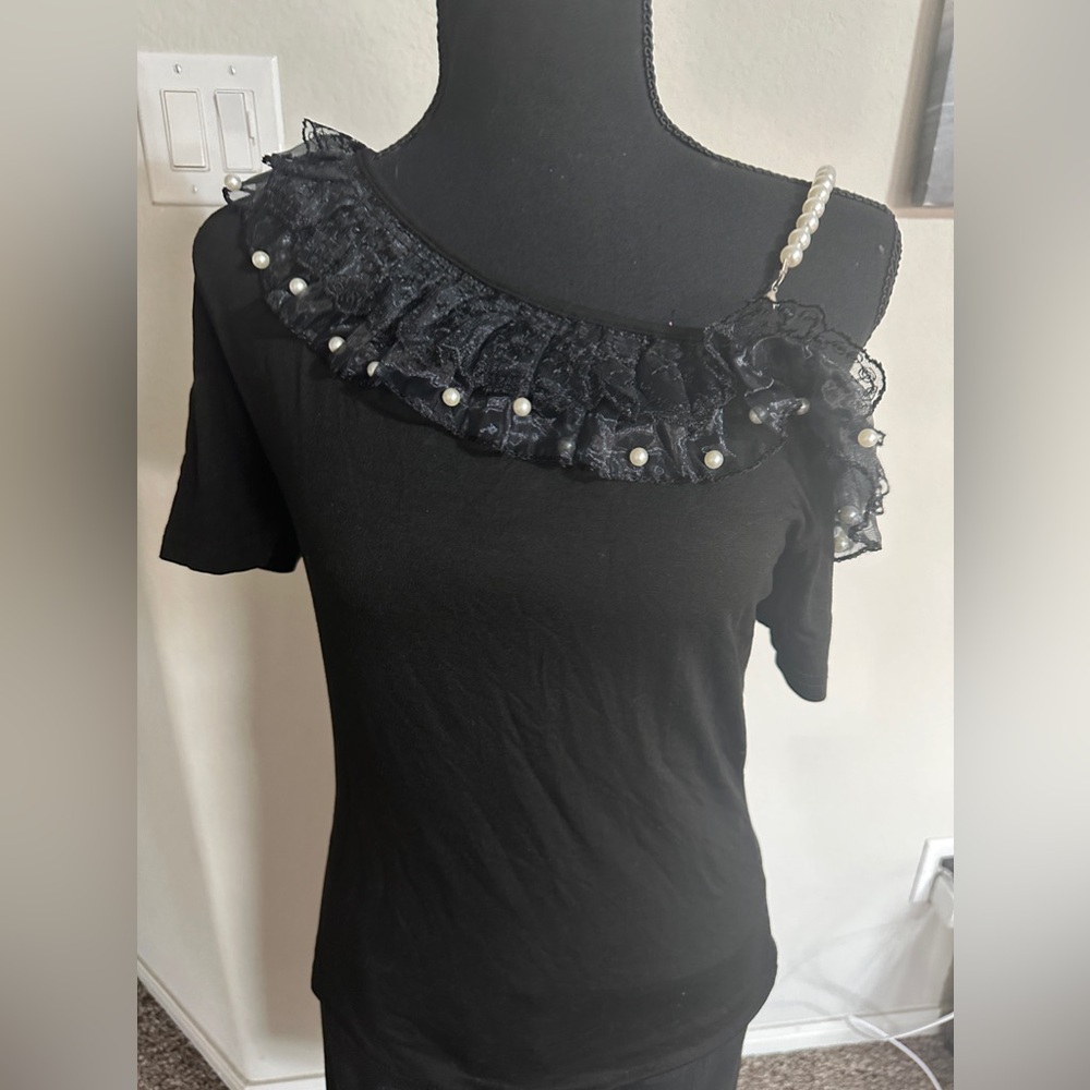 Stylish Black Top with Lace and Pearl Accents